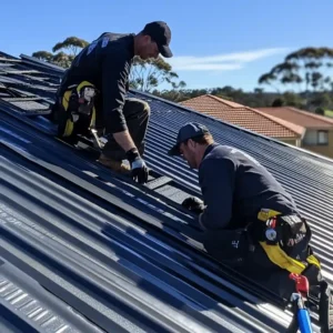 A team replacing a metal roof