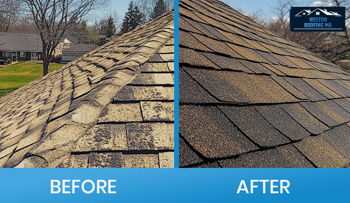 Before-and-after of shingle roof replacement (close-up)