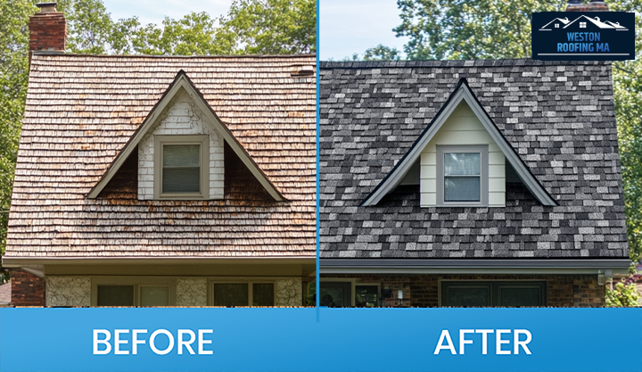 Triangular roof repair before-and-after in Weston MA.