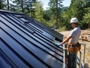 Roofing contractor inspecting a sleek black roof