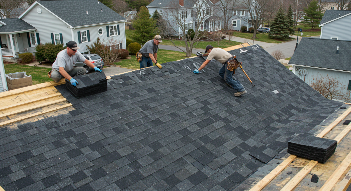 Roofers installing aesthetic asphalt roof on a home in Weston, showcasing craftsmanship and durable roofing materials