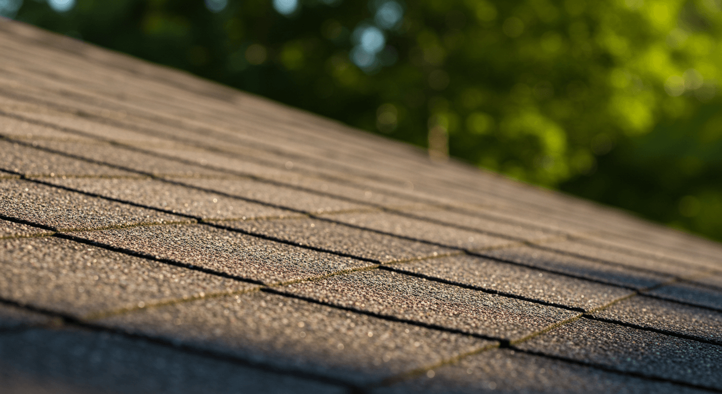 Elegant close-up of asphalt shingles, highlighting textures and depth with natural light.