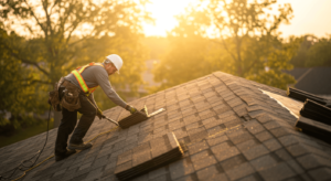 Roofer applying asphalt shingles to a roof in Weston MA, showcasing careful craftsmanship under soft sunlight.