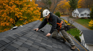 A professional roofer inspecting a roof in Weston.