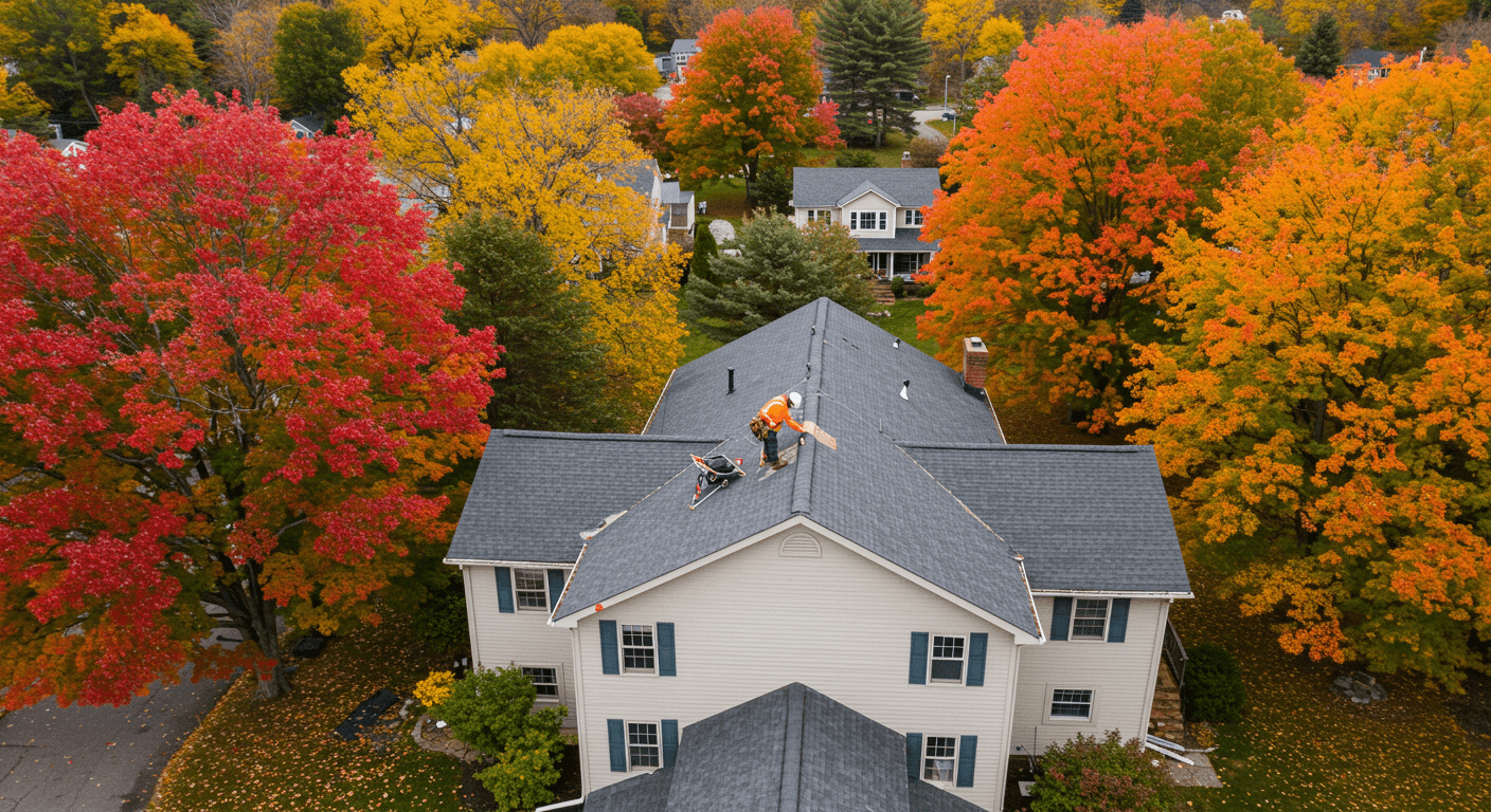 Aerial view of a tree-surrounded house in Weston MA highlighting roof inspection features