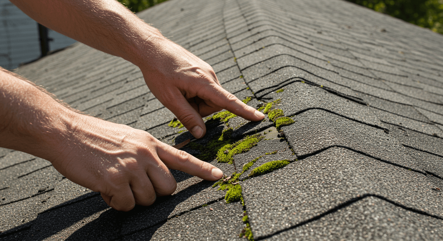 Person inspecting moss on house roof