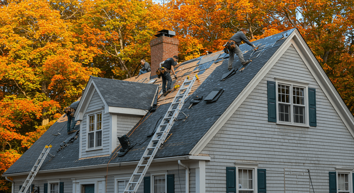 Professional roofing contractors repairing a traditional New England-style house roof in Weston, MA.