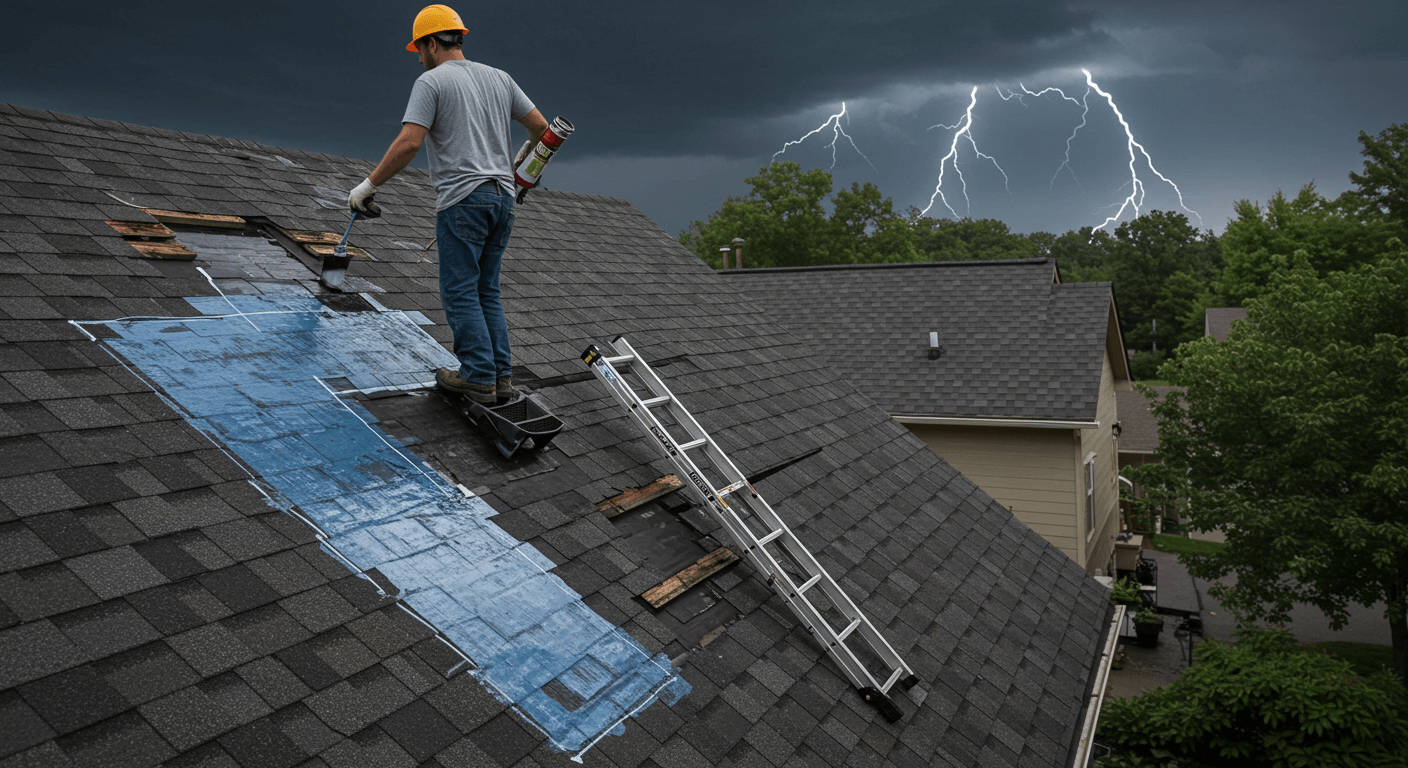 Roofer covering a roof with a tarp during heavy rain, with visible storm damage to a home in Weston.