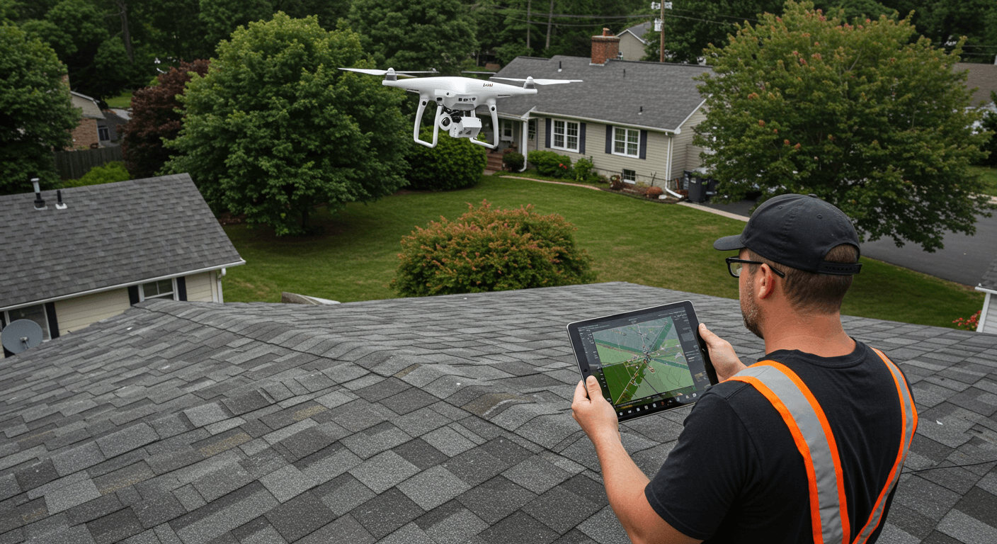 Roofer inspecting a roof with a drone and viewing data on a tablet at a Weston home.