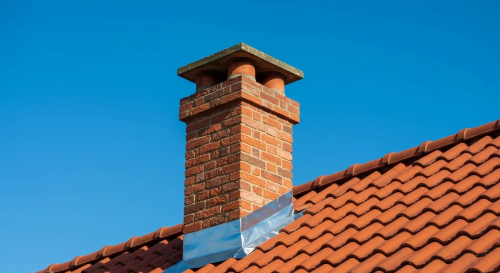 Chimney with flashing on a tiled roof
