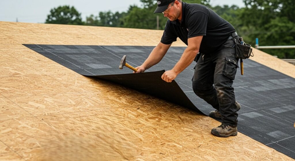 Worker installing roof underlayment on wooden decking.