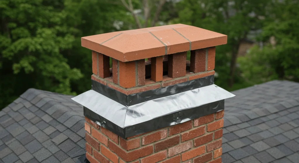 Brick chimney with repaired crown and flashing.
