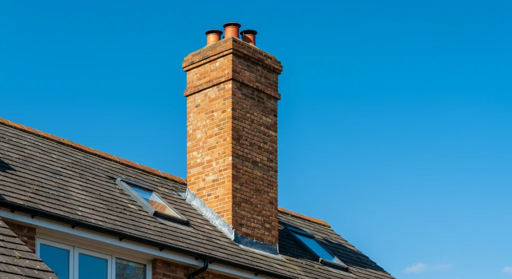 Fully rebuilt brick chimney on a residential roof.