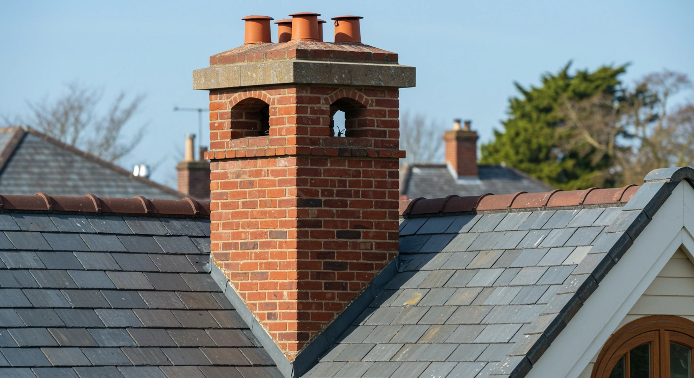 Traditional brick chimney on slate roof.