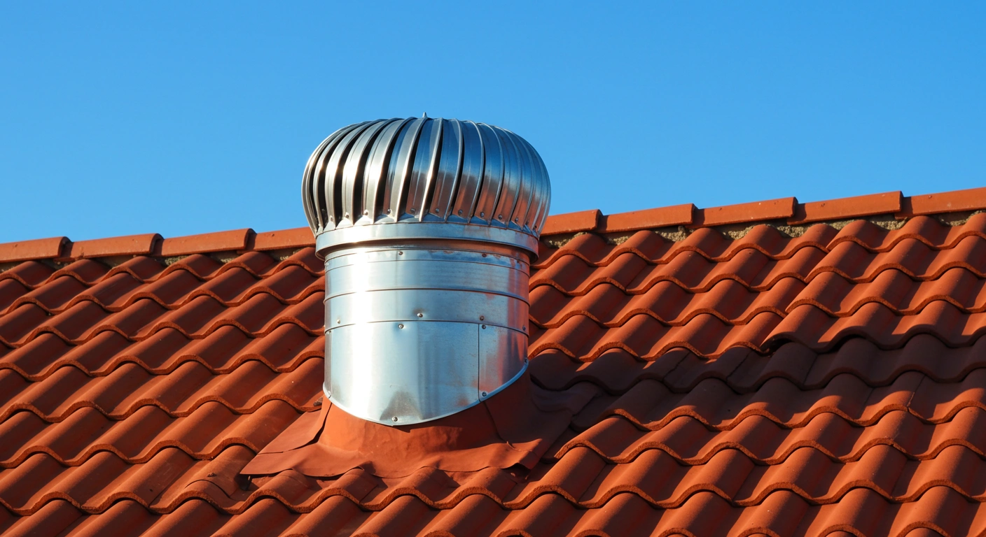 Metal chimney vent on tiled roof.