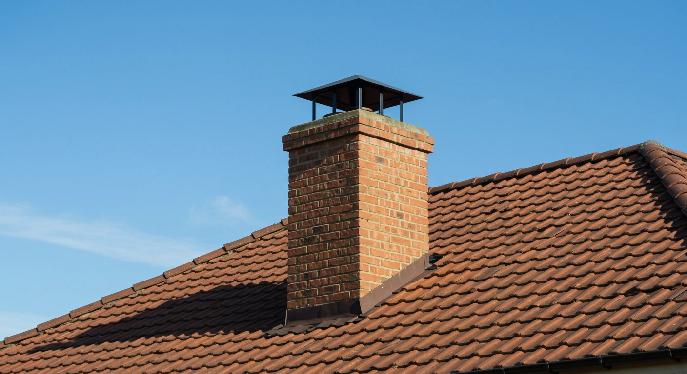 Brick chimney with cap on red roof.