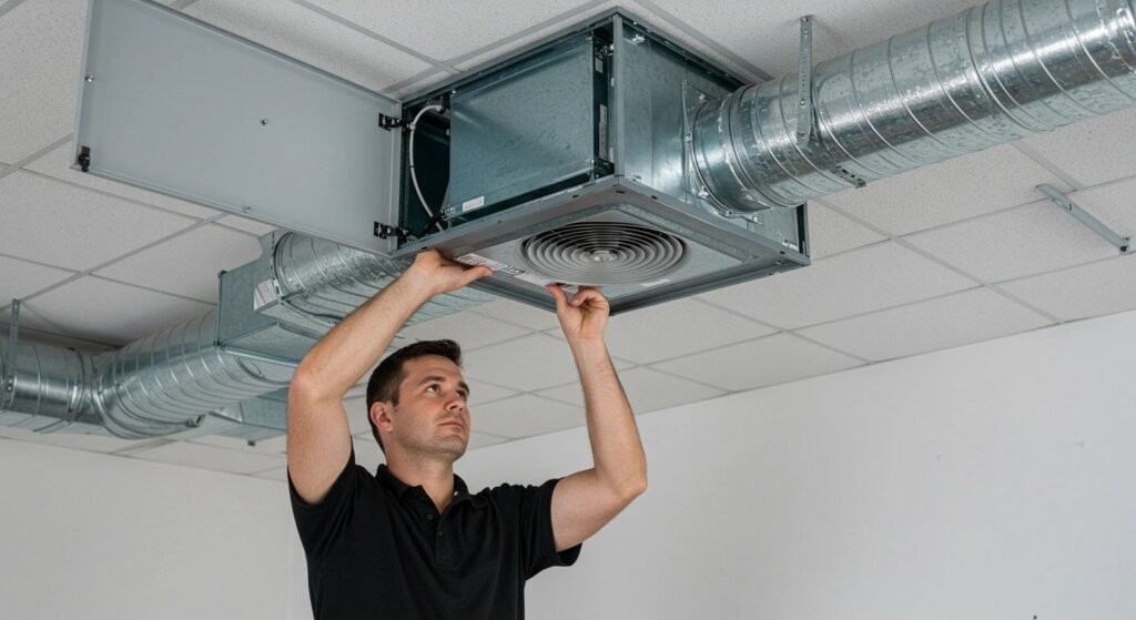 Technician fixing ceiling ventilation ducts.