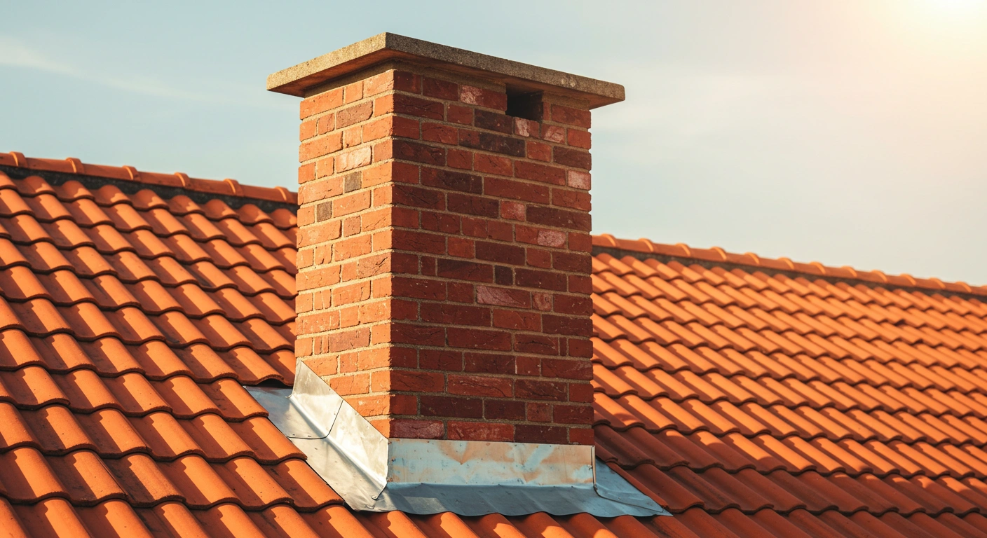 Brick chimney with flashing on tiled roof.