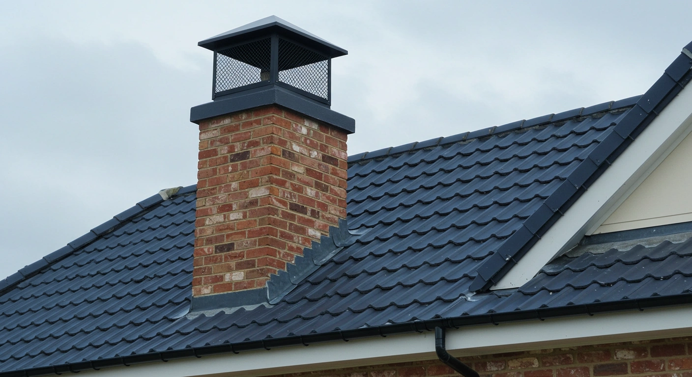 Brick chimney with cap on a tiled roof.