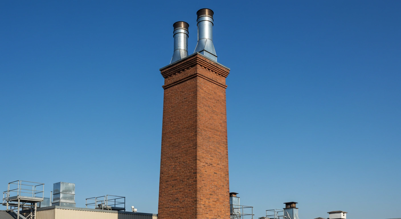 Tall brick chimney with twin flue pipes.
