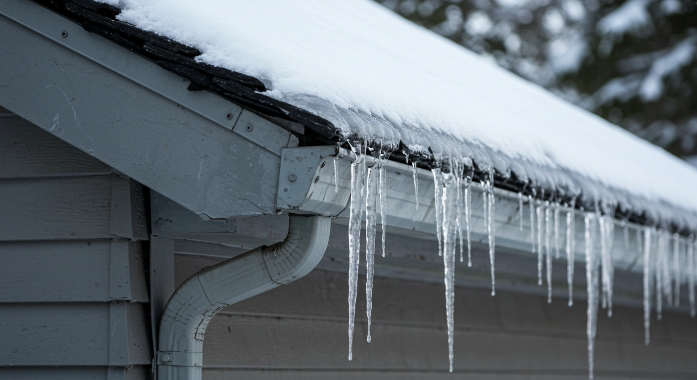 Icicles hanging from snowy roof edge.