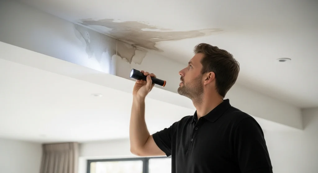 Man inspecting ceiling leak in a home.
