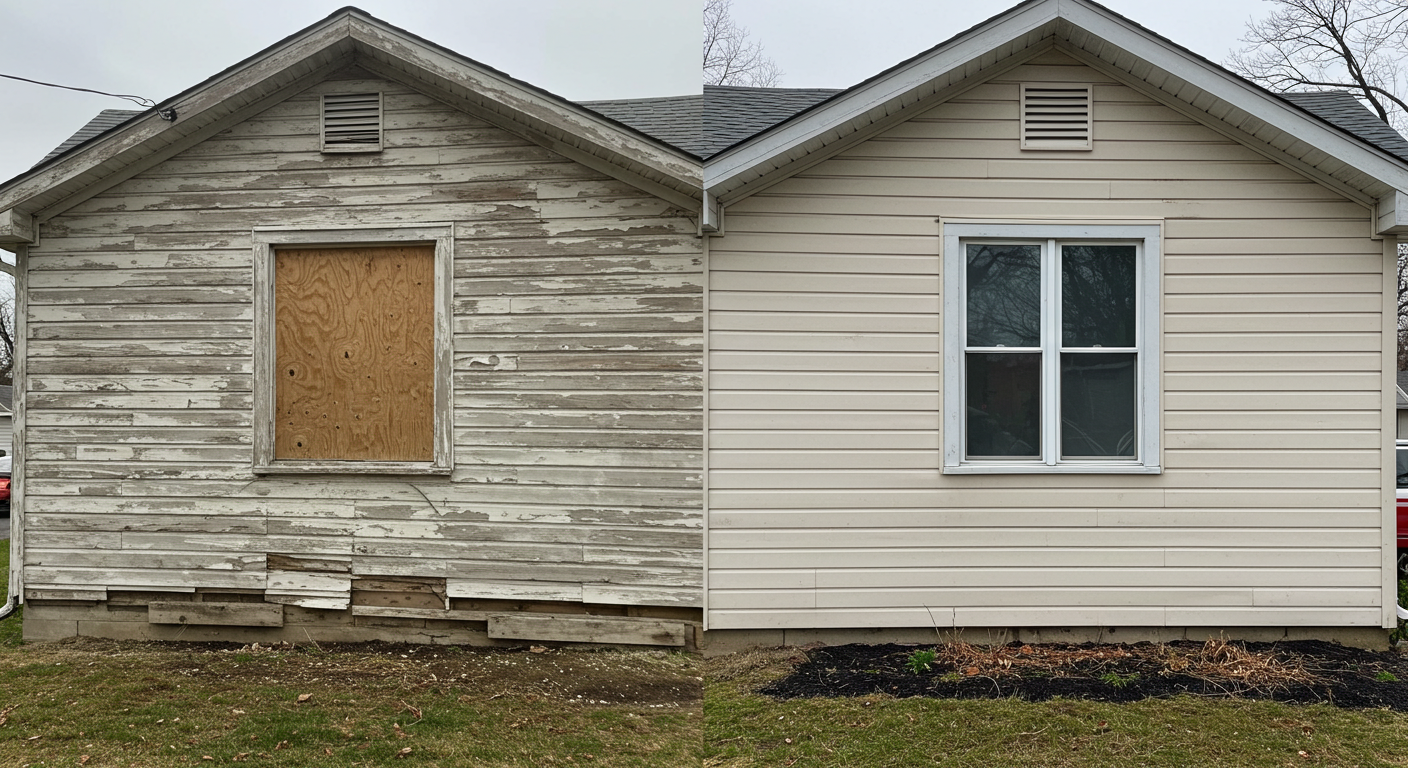 Before and after comparison of weathered siding repair.