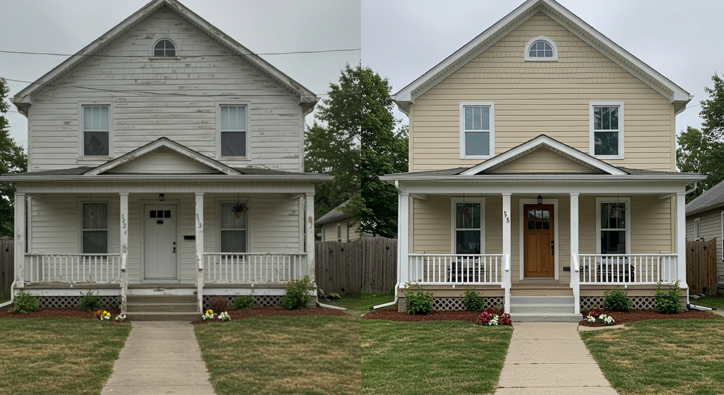Before and after comparison of cream siding replacement.