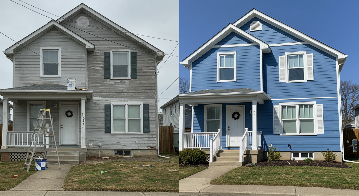 Before and after comparison of blue siding upgrade.