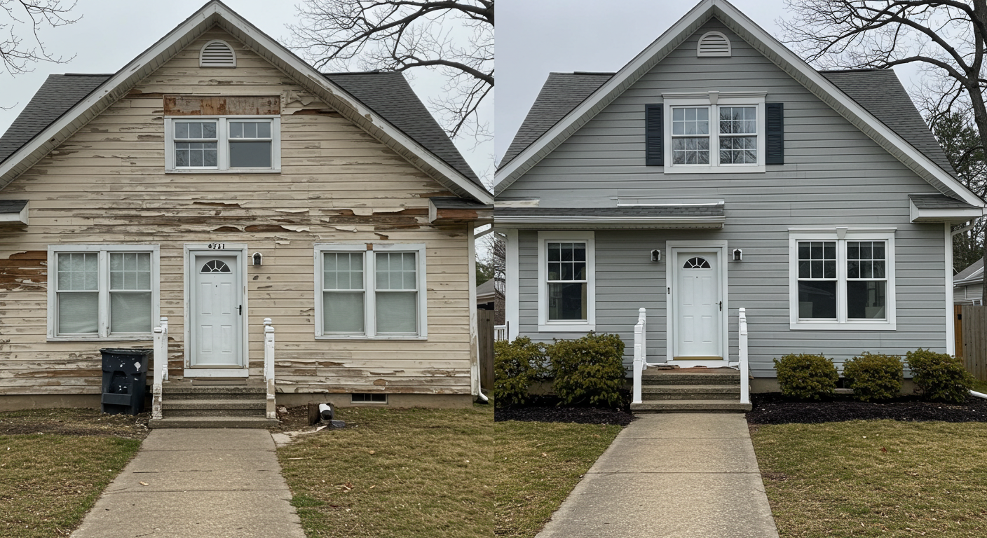 Before and after comparison of beige siding replacement.