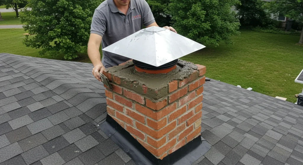Roofer working on chimney flashing on a shingle roof.