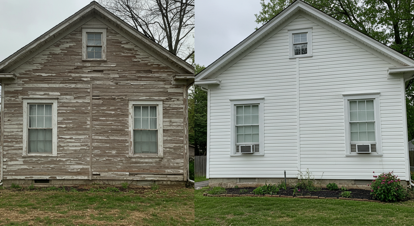 Before and after comparison of white siding installation.